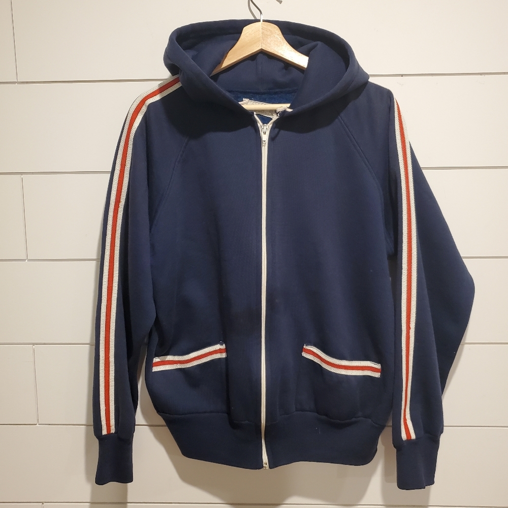 Navy Blue Hoodie with Red and White Stripes